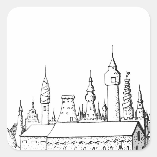 fabelhafte Stadt . Kunstwerke in Schwarz-Weiß. Quadratischer Aufkleber (Vorderseite)