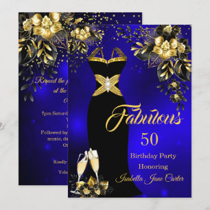 Fabelhafter Geburtstag Champagner Blau Gold Floral Einladung