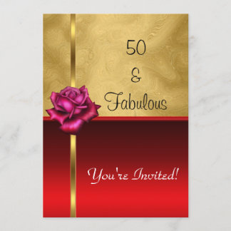 Fabelhaftes 50. Geburtstags-Gold-Rot-Blume Einladung