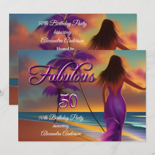 Fabelhaftes 50. Geburtstags-Lila-Strand-Ozean-Gold Einladung