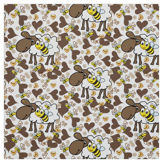 Fabric Sheep Brown Hearts Bumblebee Stoff (Muster)