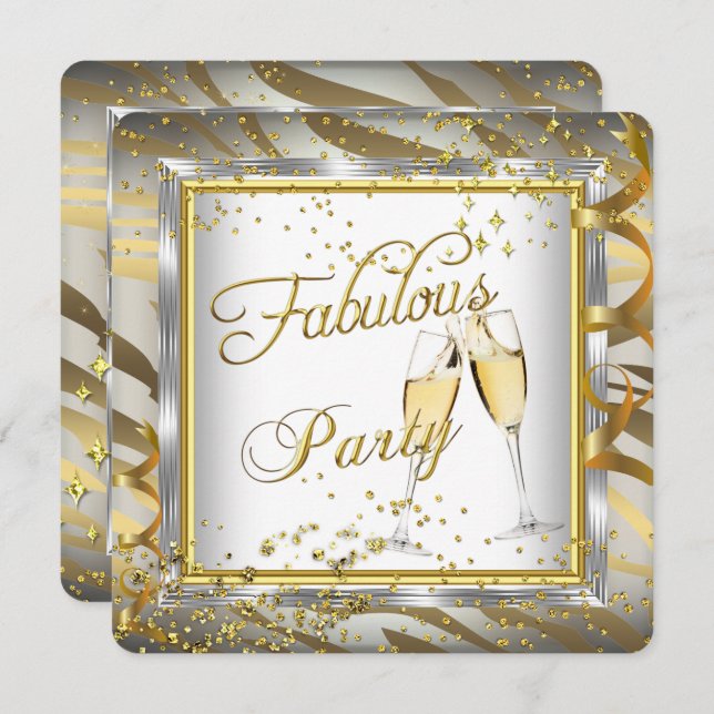 Fabulares Party Champagner Zebra Creme Gold Silber Einladung (Vorne/Hinten)