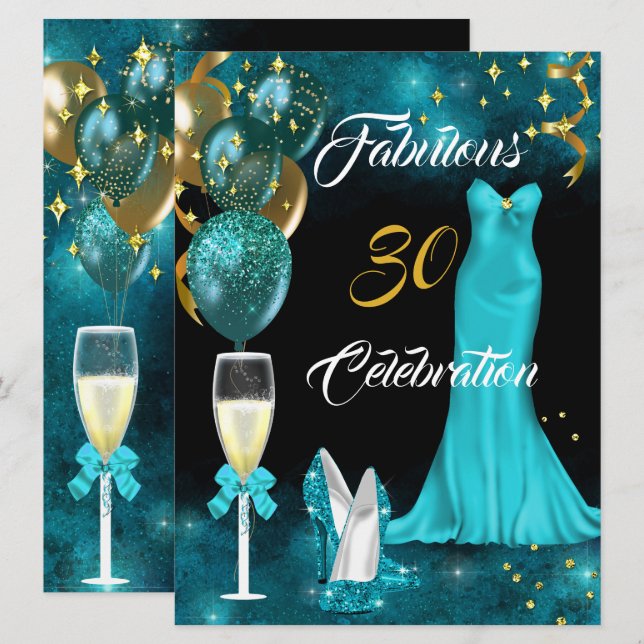 Fabulous 30 Champagner Party Aquamarin Blue Heelse Einladung (Vorne/Hinten)