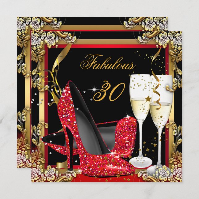 Fabulous 30 Red Heelses Gold Black Champagne Party Einladung (Vorne/Hinten)