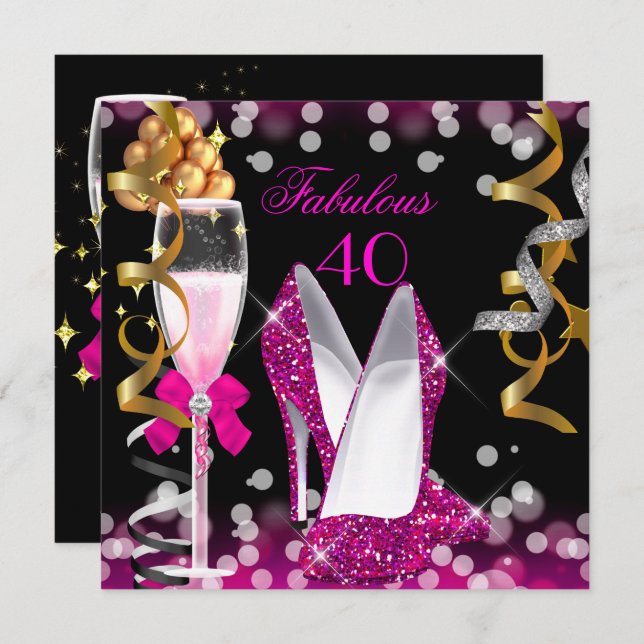 Fabulous 40 Hot Pink Gold Black Bubbles Party Einladung (Vorne/Hinten)