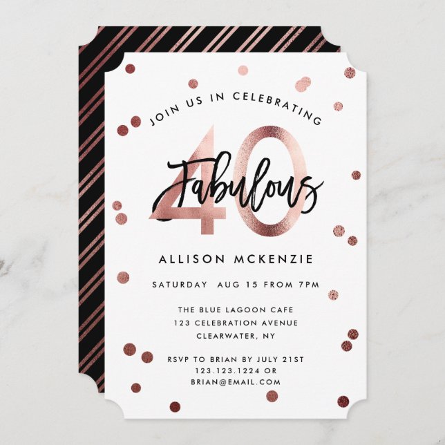 Fabulous 40 | Moderne Rose Gold Brushed Birthday Einladung (Vorne/Hinten)