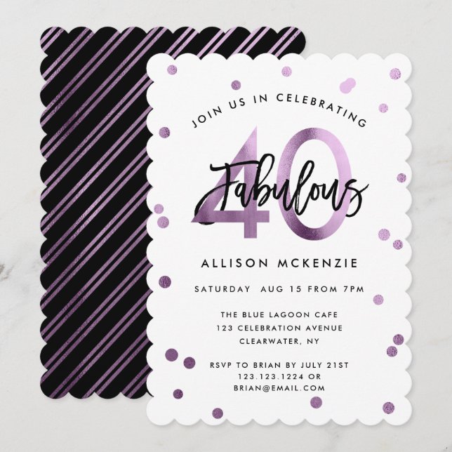 Fabulous 40 | Modernes Lilac Lila Brushed Birthday Einladung (Vorne/Hinten)