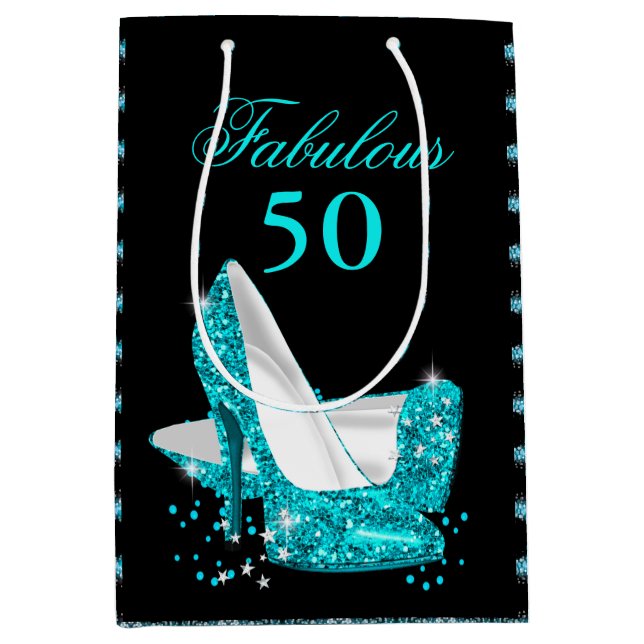 Fabulous 50 Aquamarin Blue Glitzer High Heels Mittlere Geschenktüte (Vorderseite)