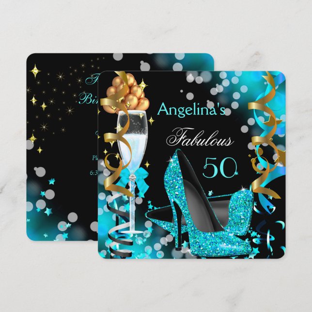 Fabulous 50 Aquamarin Blue Heelses Gold Bubbles Pa Einladung (Vorne/Hinten)