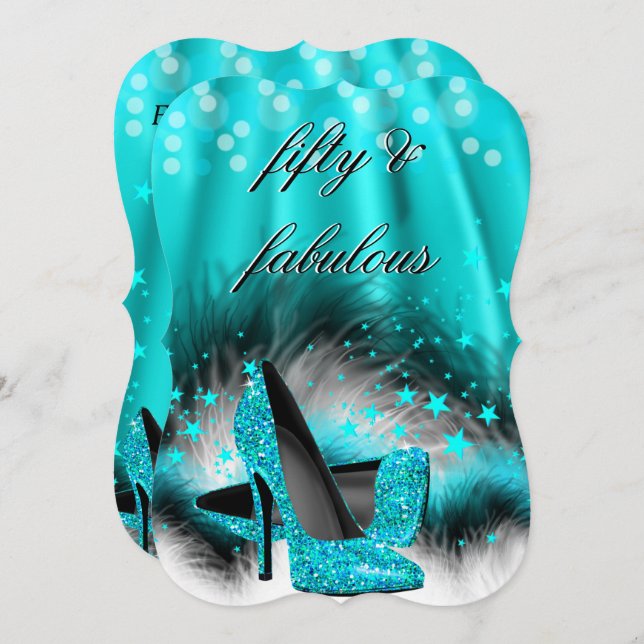 Fabulous 50 Aquamarin Blue Stars High Heels Birthd Einladung (Vorne/Hinten)