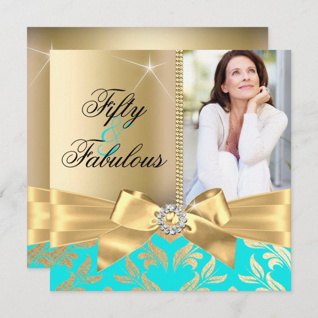 Fabulous 50. Aquamarines Gold Leaf & Bow 50. Gebur Einladung (Vorne/Hinten)