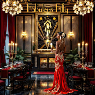 Fabulous 50. Art Deko Woman Afroamerikanerin Rot Einladung