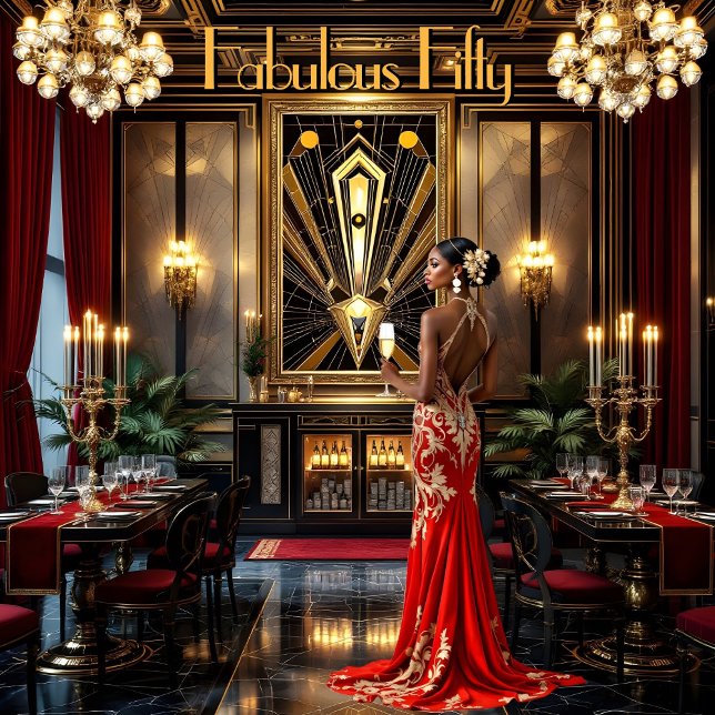 Fabulous 50. Art Deko Woman Afroamerikanerin Rot Einladung (Von Creator hochgeladen)