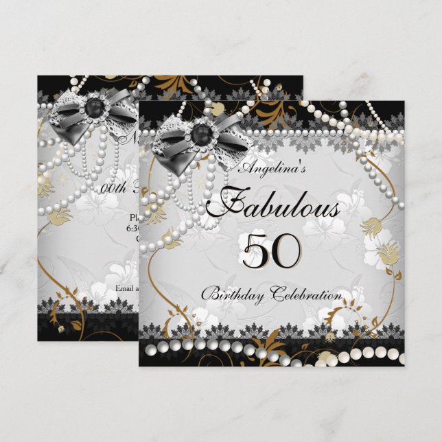 Fabulous 50 Beige Gold Black Gray Floral Geburtsta Einladung (Vorne/Hinten)