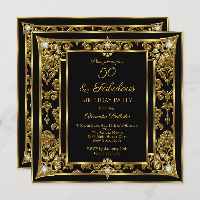 Fabulous 50 Birthday Gold Black Damask Diamond Einladung (Vorne/Hinten)