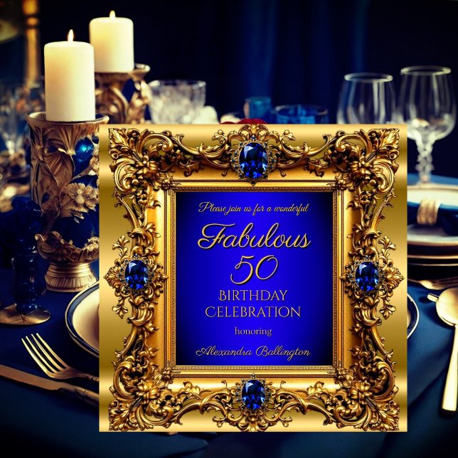 Fabulous 50 Birthday Royal Blue Gold Gem Einladung (Von Creator hochgeladen)