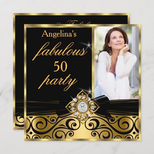 Fabulous 50 Black Gold Imitate Diamond Foto Party Einladung (Vorne/Hinten)