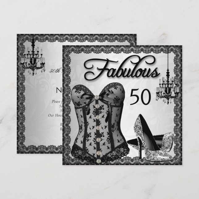 Fabulous 50 Black Silver Corset High Heels Party Einladung (Vorne/Hinten)