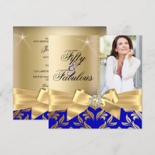 Fabulous 50. Blue Gold Leaf & Bow 50. Geburtstag Einladung