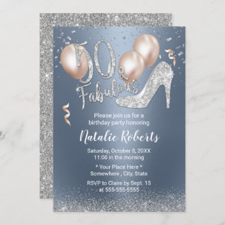 Fabulous 50 Dusty Blue & Silver Girl 50. Geburtsta Einladung