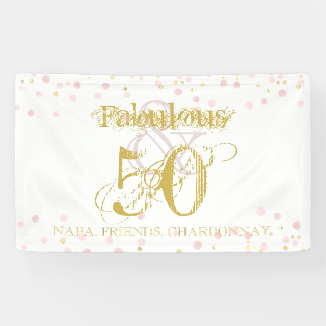 Fabulous & 50 Elegant Birthday Gold Pink Confetti Banner (Horizontal)