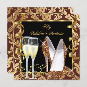 Fabulous 50 & Fantastic Brown Gold Damask Party Einladung