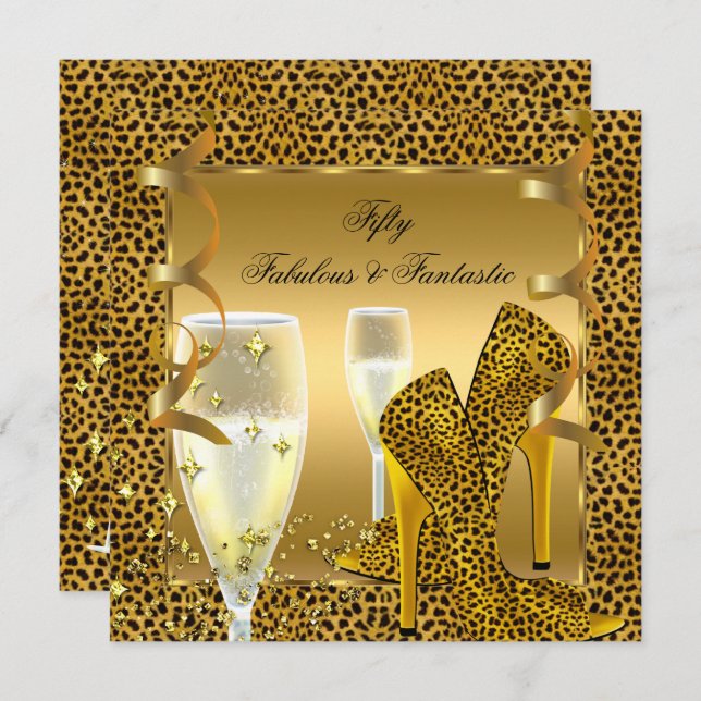 Fabulous 50 & Fantastic Leopard Black Gold Party 2 Einladung (Vorne/Hinten)