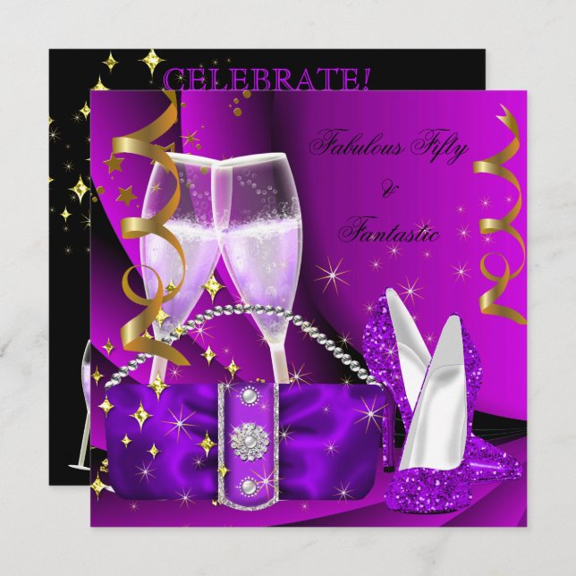 Fabulous 50 fantastische Lila High Heels Geburtsta Einladung (Vorne/Hinten)