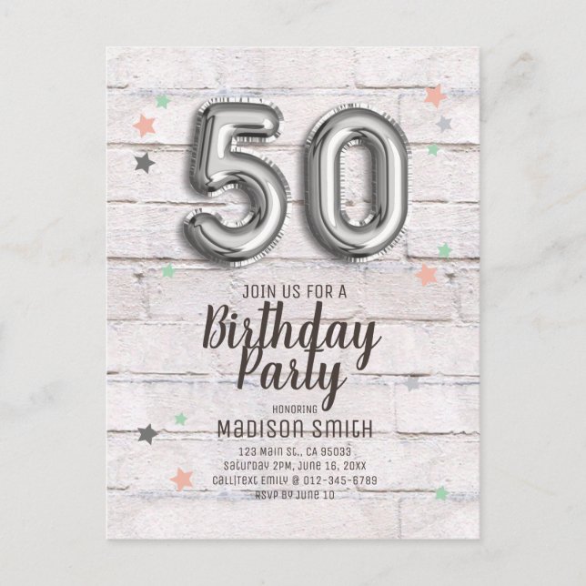 Fabulous 50 Foil Balloon Stars Einladung Geburtsta (Vorderseite)