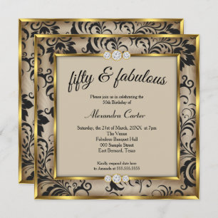 Fabulous 50. Foto Beige Black Damask Gold Party Einladung