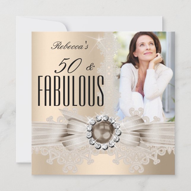Fabulous 50 Foto Creme Beige Brown Pearl Lace Einladung (Vorderseite)