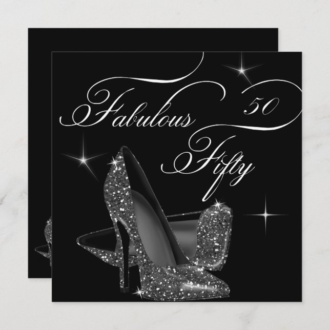 Fabulous 50 fünfzig Schwarz-weiß High Heels Geburt Einladung (Vorne/Hinten)