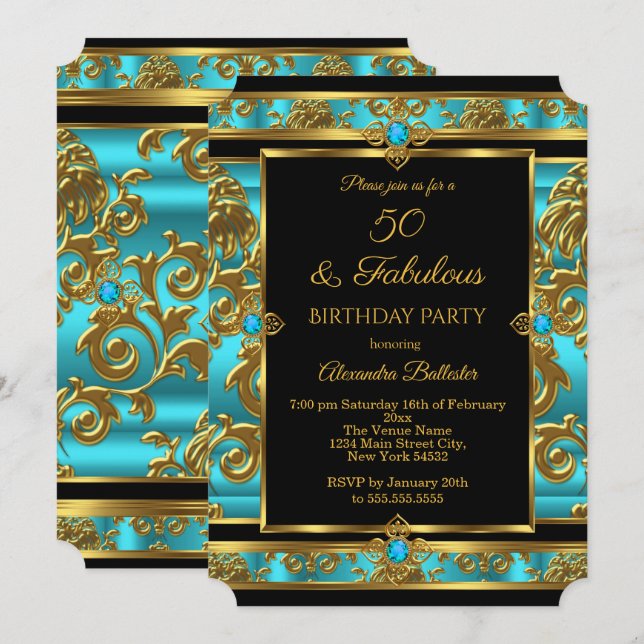 Fabulous 50 Geburtstag Aquamarin Blue Jewel Damask Einladung (Vorne/Hinten)
