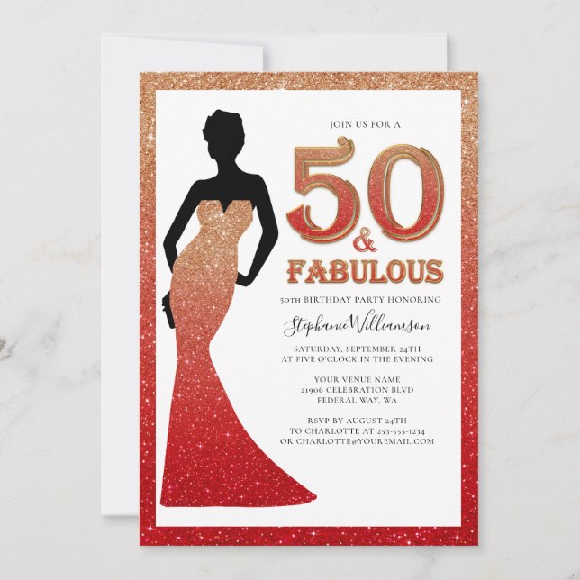 Fabulous 50. Geburtstag Ombre Glitzer Gown Einladung (Vorderseite)