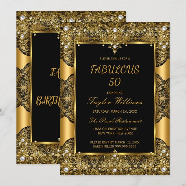 Fabulous 50 Glamour Black Lace Pearl Gold Einladung (Vorne/Hinten)