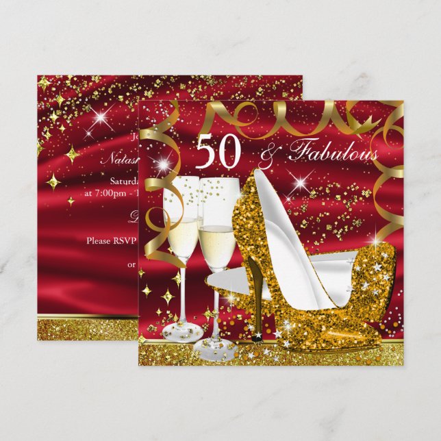 Fabulous 50 Glitzer Gold Heel Red Glitz Glam Party Einladung (Vorne/Hinten)
