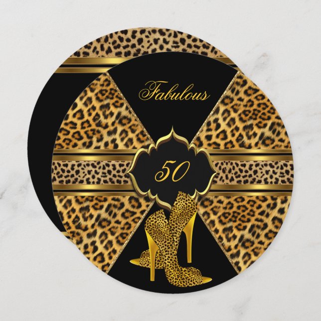 Fabulous 50 Gold Black Leopard Hi Heelse Geburtsta Einladung (Vorne/Hinten)