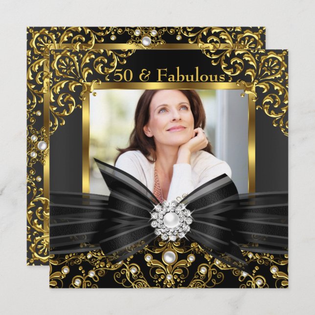 Fabulous 50 Gold Black Pearl Bow & Damask Geburtst Einladung (Vorne/Hinten)