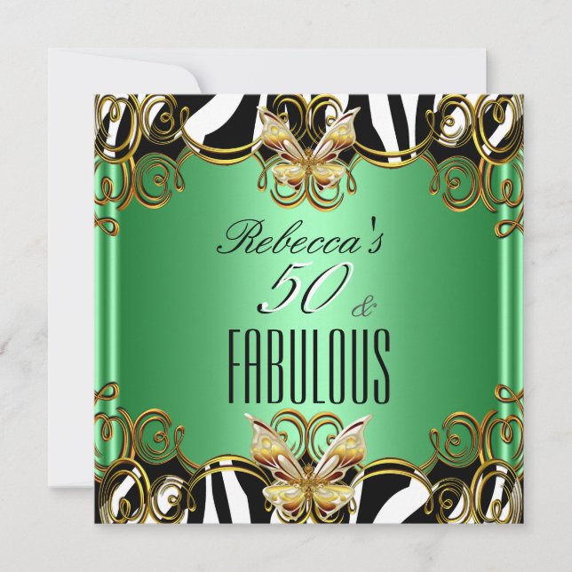 Fabulous 50 Green Gold Schwarz-weiß Zebra Einladung (Vorderseite)