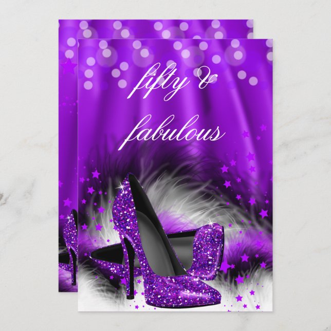 Fabulous 50 Lila Stars High Heels Birthday 2 Einladung (Vorne/Hinten)