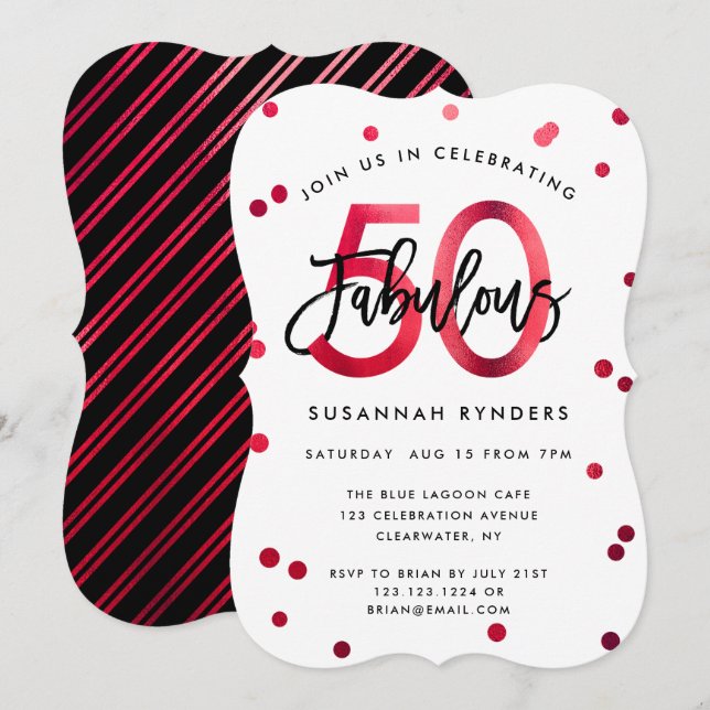 Fabulous 50 | Moderne Elegant Rot Brushed Birthday Einladung (Vorne/Hinten)