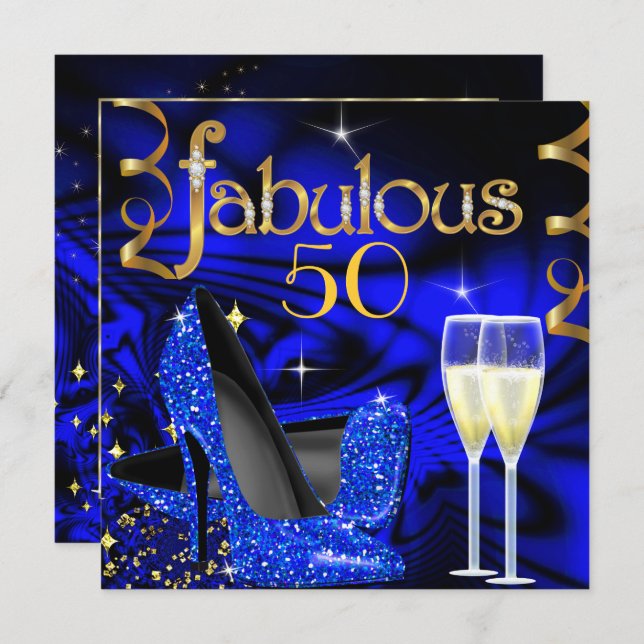 Fabulous 50 Party Abstrakt Blue High Heels Gold Einladung (Vorne/Hinten)