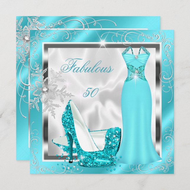 Fabulous 50 Party Aquamarin Blue Silver Dress Heel Einladung (Vorne/Hinten)