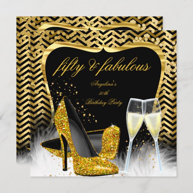 Fabulous 50 Party Black Gold Zickzack Champagne Einladung (Vorne/Hinten)