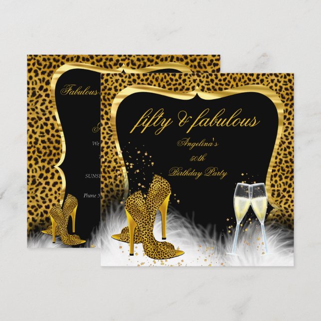 Fabulous 50 Party Gold Champagner Leopard Einladung (Vorne/Hinten)
