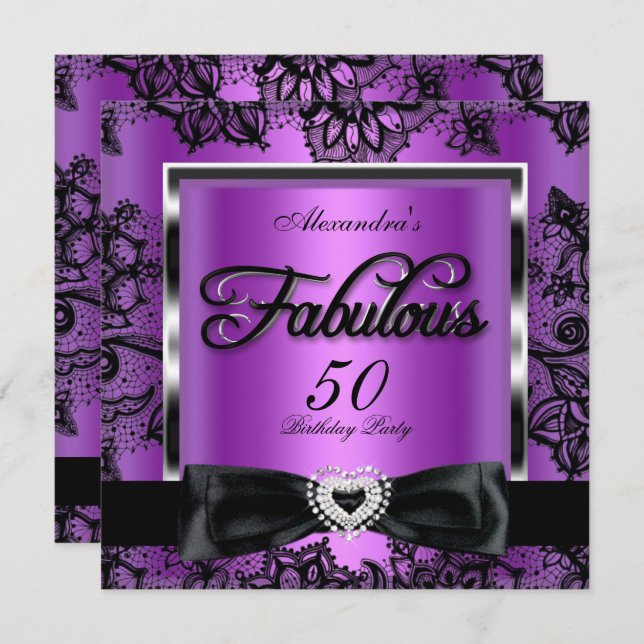 Fabulous 50 Party Lila Damask Black Lace Einladung (Vorne/Hinten)