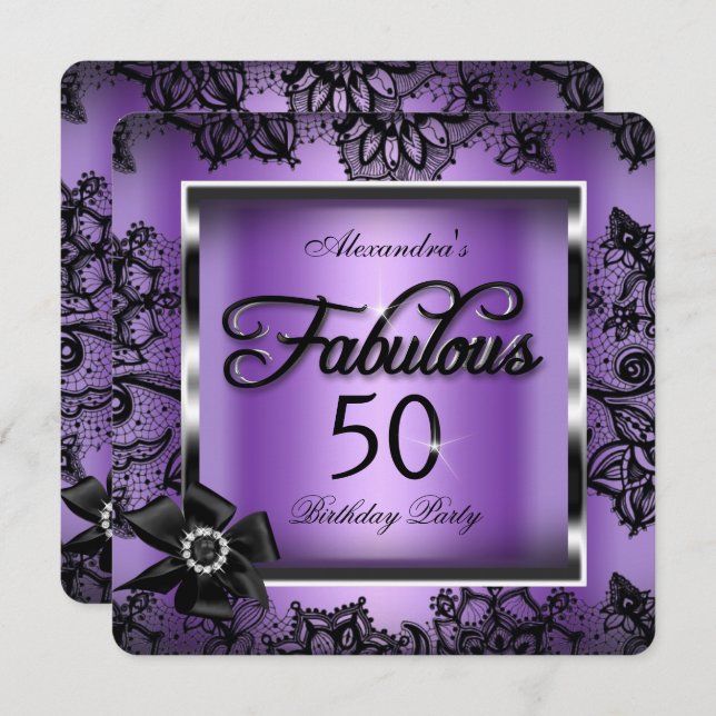 Fabulous 50 Party Lila Damask Black Lace Pearl Einladung (Vorne/Hinten)