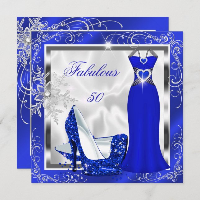 Fabulous 50 Party Royal Blue Silver Dress Heelse S Einladung (Vorne/Hinten)