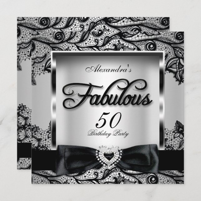 Fabulous 50 Party Silver Gray Damask Black Lace 2 Einladung (Vorne/Hinten)