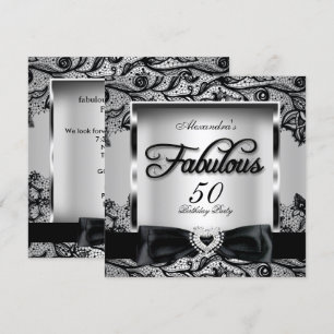 Fabulous 50 Party Silver Gray Damask Black Lace 2 Einladung